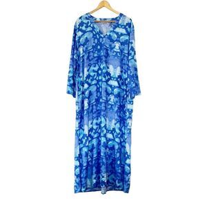 Natori Blue Pattern Long Sleeve Caftan Maxi Dress